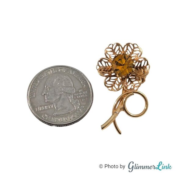 Vintage Filigree Petal Flower Orange Rhinestone Gold Tone Brooch - Picture 4 of 6
